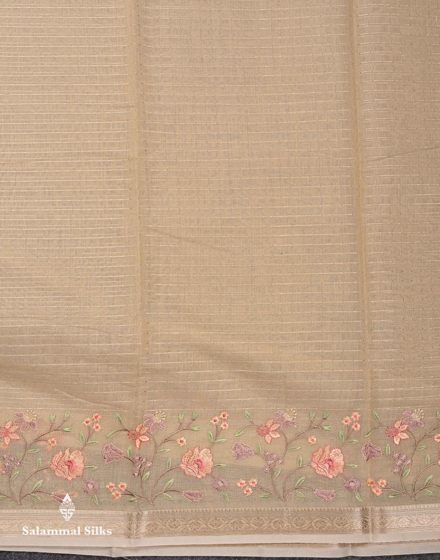 Beautiful Light Pink Zari Lines Cotton Mix Fancy Saree With Embroidery Floral Design & Small Zari Border
