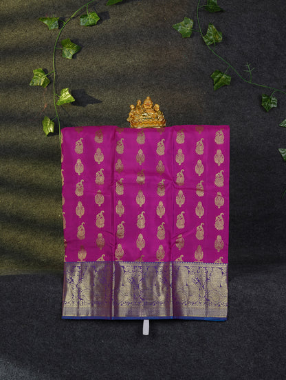 Beautiful Pure Silk Pattu Pavadai (Magenta) With Contrast Ramar Blue Blouse 27"