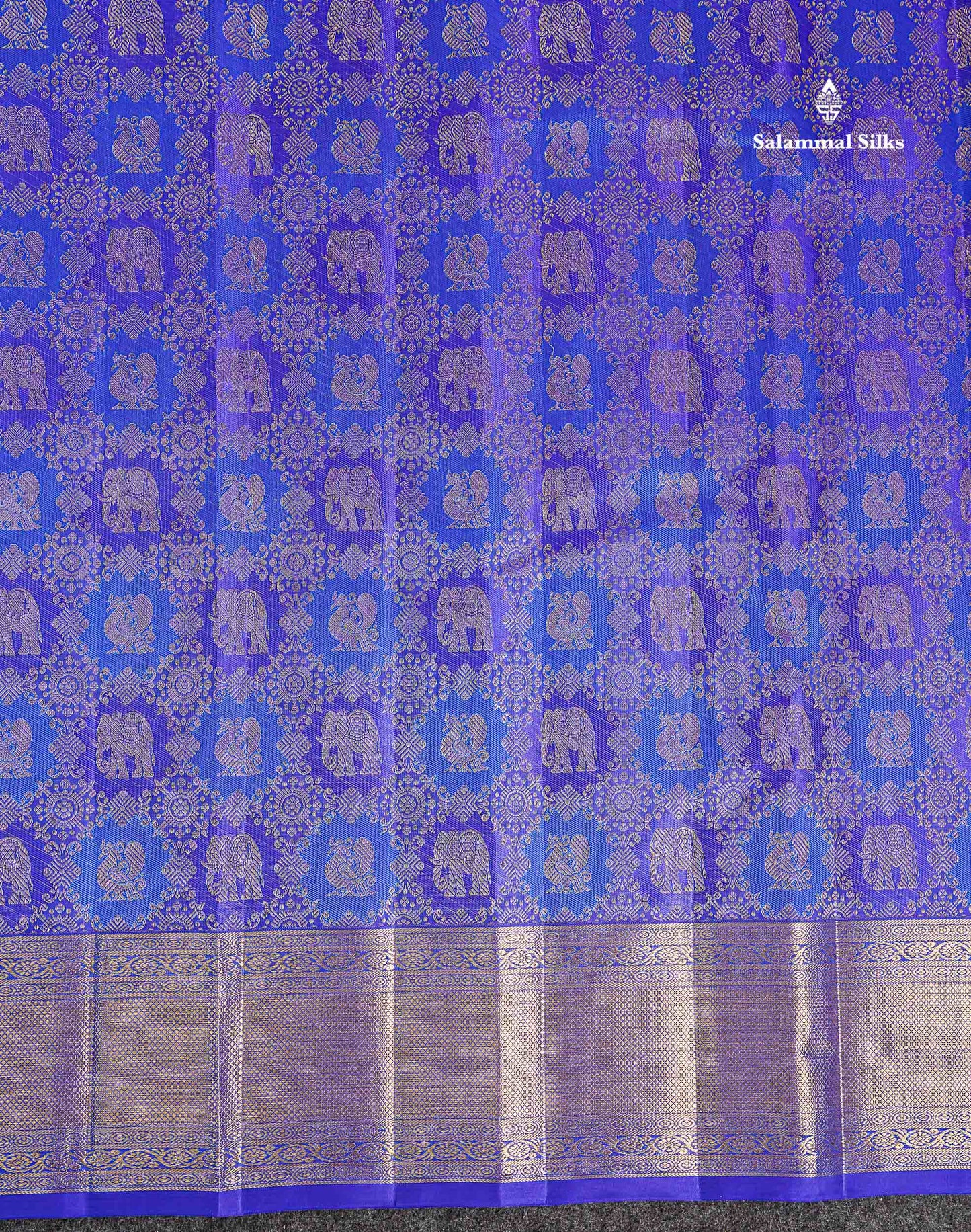 Bridal Pure Kanjivaram Silk Saree - Dual Tone Royal Blue Mayil & Elephant Motifs With Traditional Border