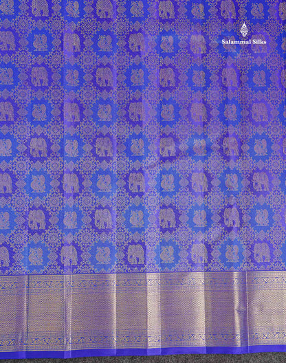 Bridal Pure Kanjivaram Silk Saree - Dual Tone Royal Blue Mayil & Elephant Motifs With Traditional Border