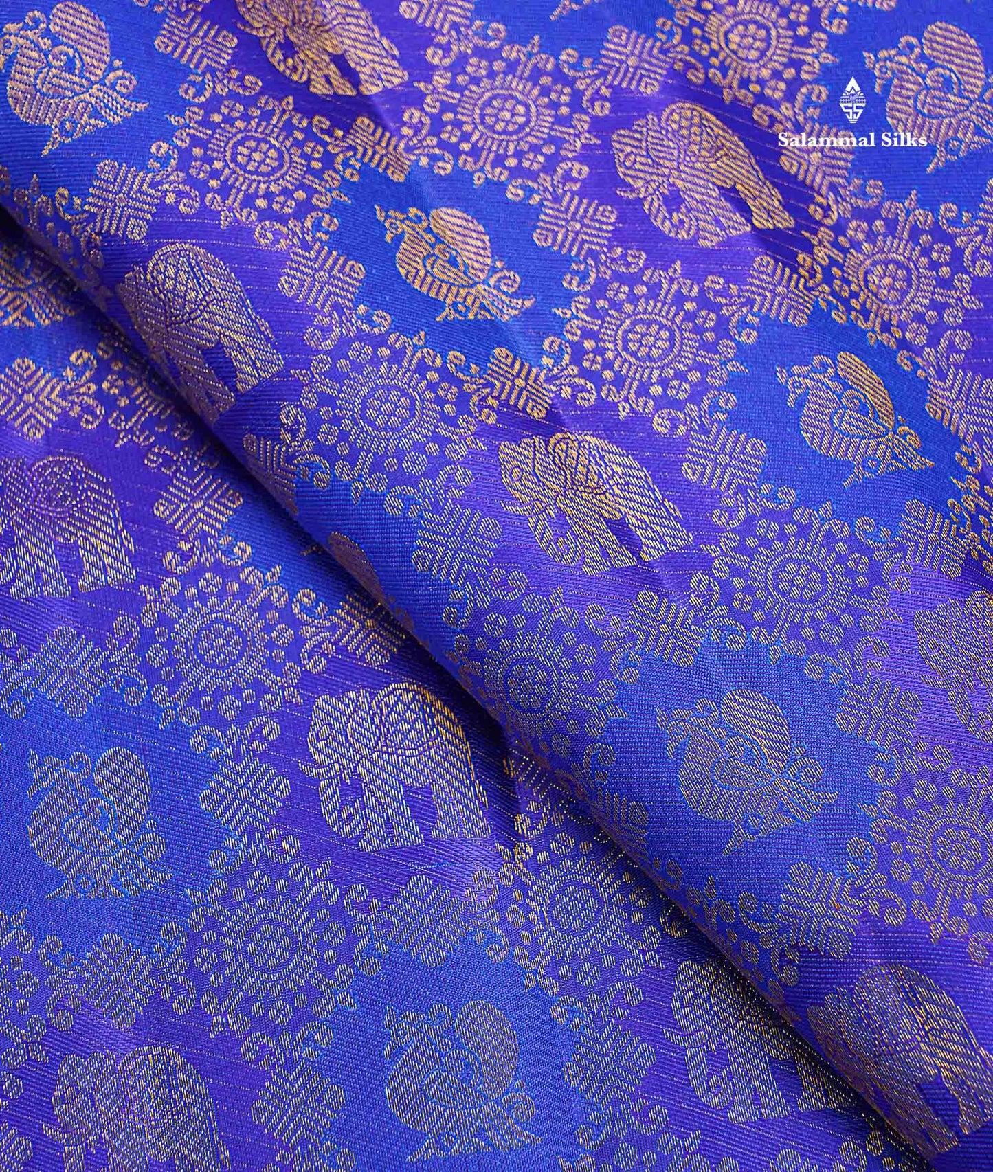 Bridal Pure Kanjivaram Silk Saree - Dual Tone Royal Blue Mayil & Elephant Motifs With Traditional Border