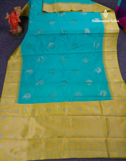 Beautiful Sapphire Blue Semi Silk Saree With Contrast Manthulir Green Fancy Border