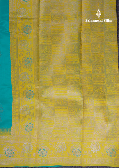 Beautiful Sapphire Blue Semi Silk Saree With Contrast Manthulir Green Fancy Border