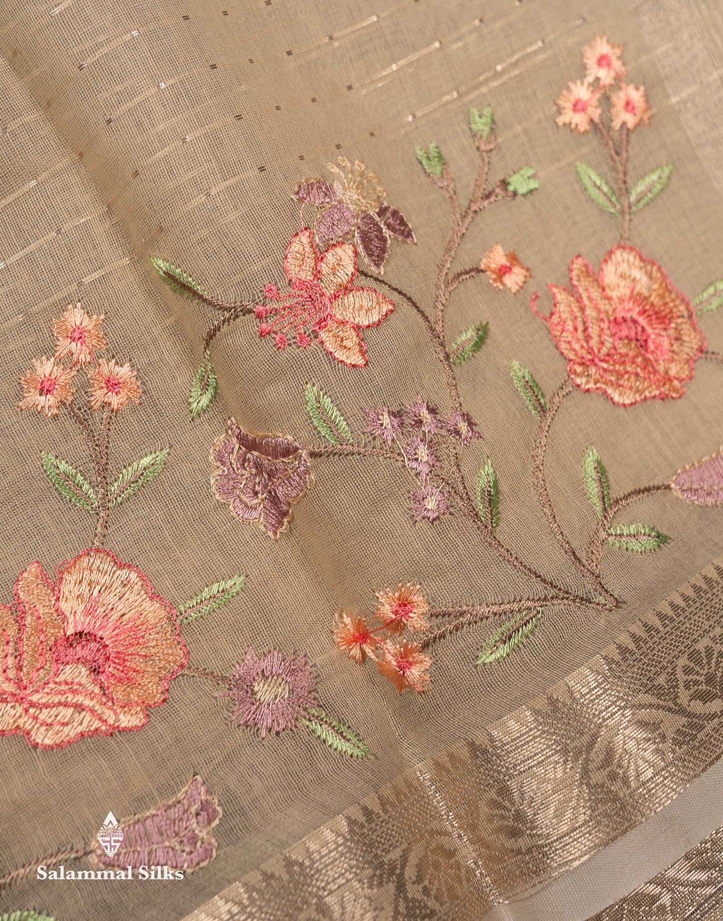 Beautiful Light Pink Zari Lines Cotton Mix Fancy Saree With Embroidery Floral Design & Small Zari Border