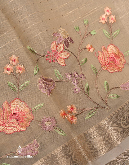 Beautiful Light Pink Zari Lines Cotton Mix Fancy Saree With Embroidery Floral Design & Small Zari Border