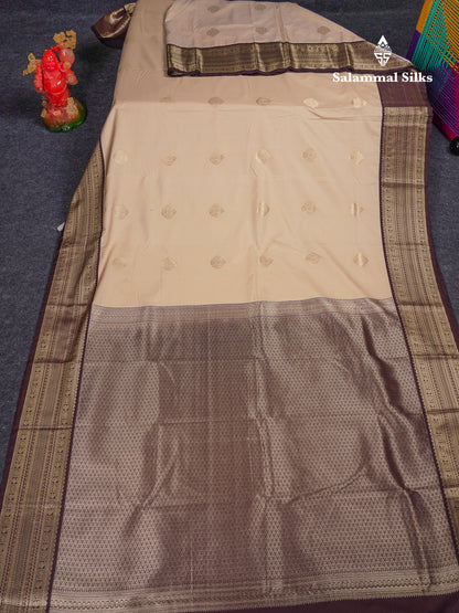 Beautiful Cream Sandal Semi Silk Saree With Contrast Dark Brown Traditional Border
