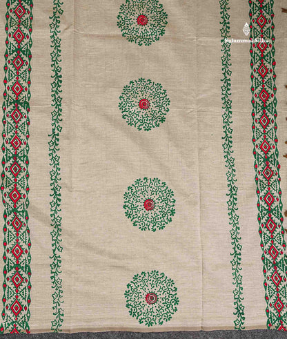South Cotton Saree - Cream Sandal Printed Saree With Contrast Green Blouse