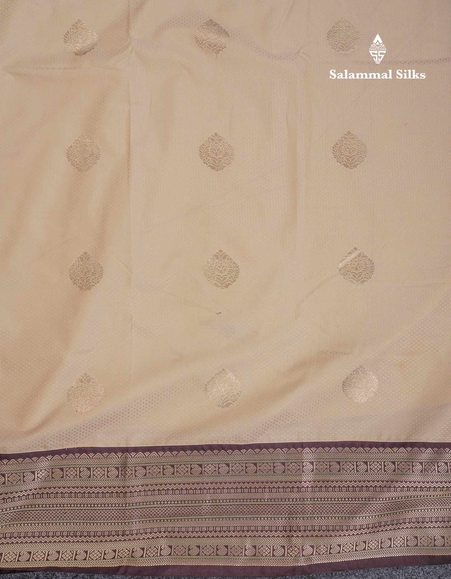 Beautiful Cream Sandal Semi Silk Saree With Contrast Dark Brown Traditional Border