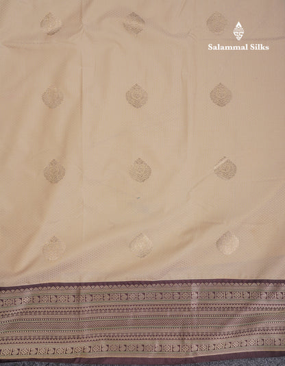 Beautiful Cream Sandal Semi Silk Saree With Contrast Dark Brown Traditional Border