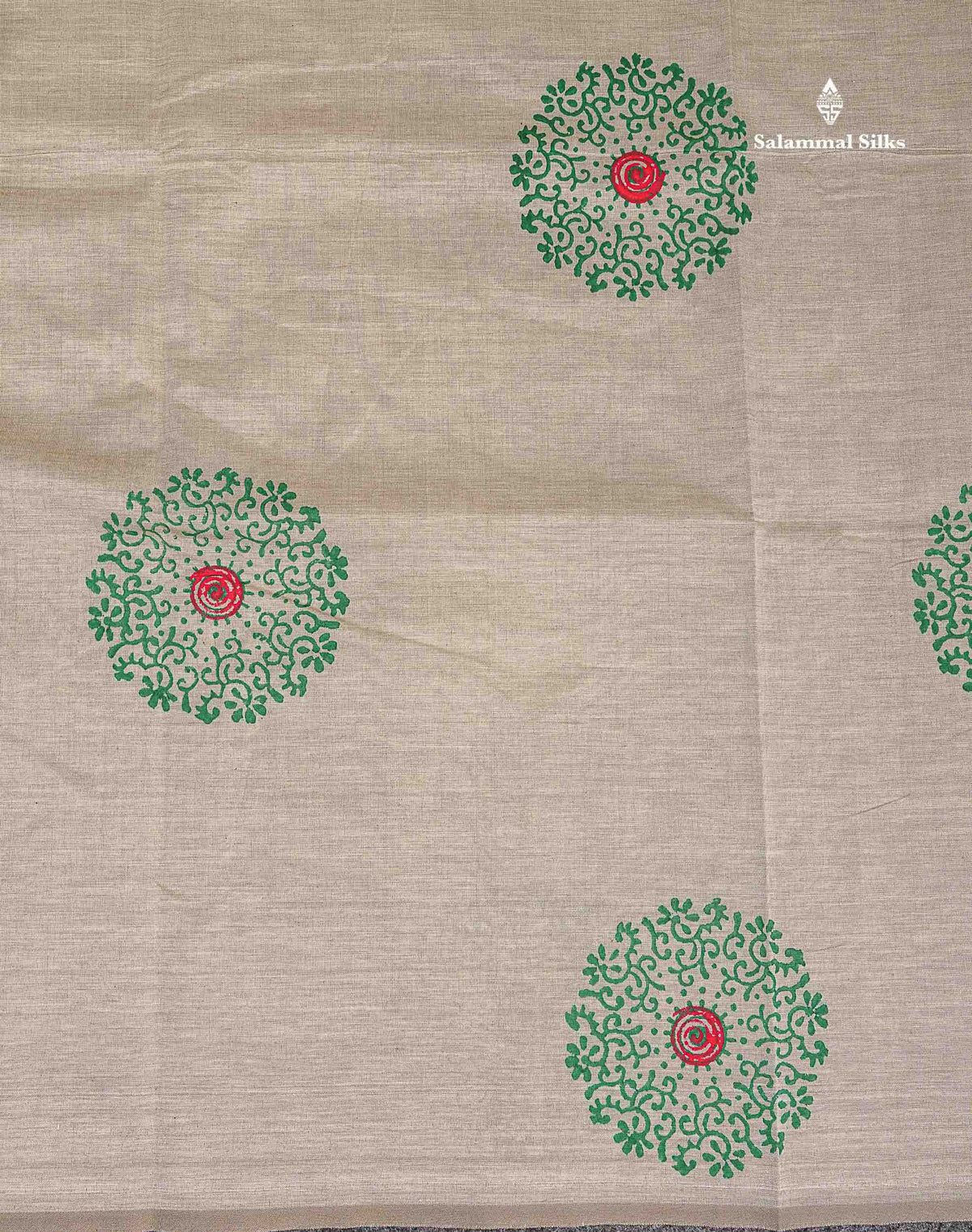 South Cotton Saree - Cream Sandal Printed Saree With Contrast Green Blouse