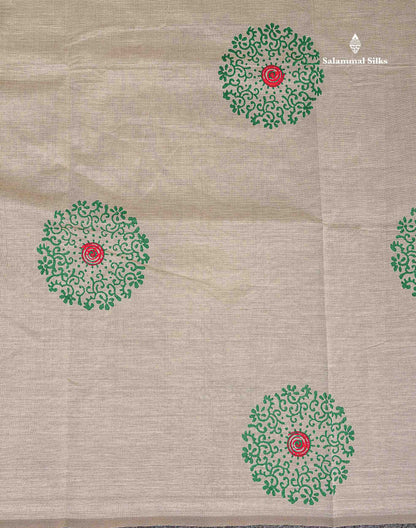 South Cotton Saree - Cream Sandal Printed Saree With Contrast Green Blouse