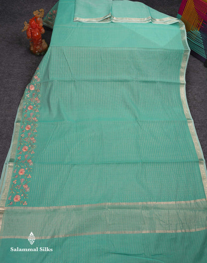 Beautiful Light Pink Zari Lines Cotton Mix Fancy Saree With Embroidery Floral Design & Small Zari Border