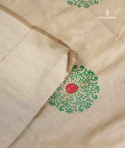 South Cotton Saree - Cream Sandal Printed Saree With Contrast Green Blouse