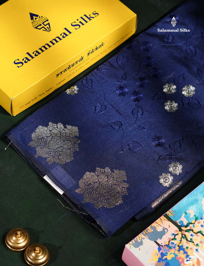 Navy Blue Embroidery Work Cotton Mix Saree With Floral Fancy Border