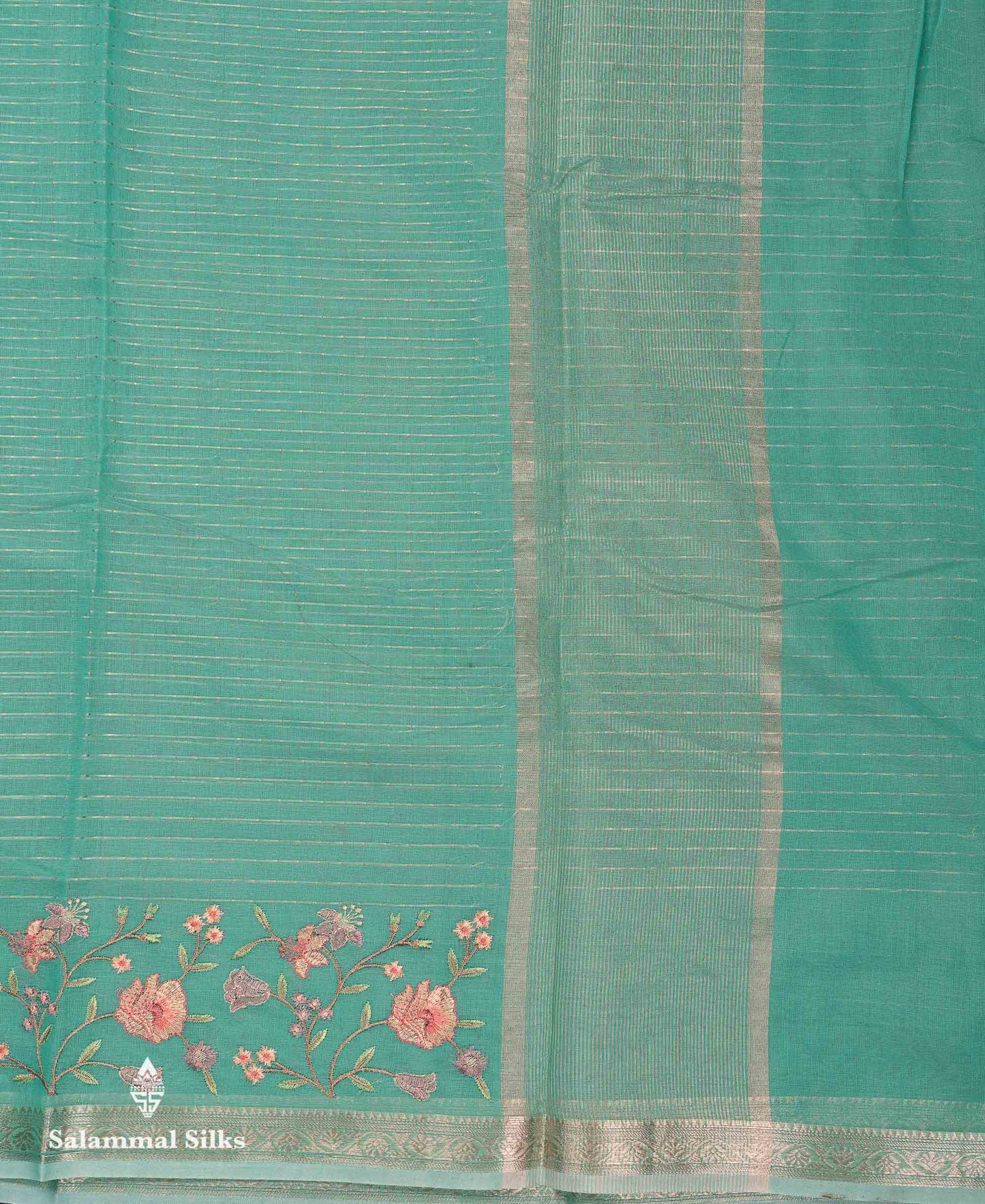 Beautiful Light Pink Zari Lines Cotton Mix Fancy Saree With Embroidery Floral Design & Small Zari Border