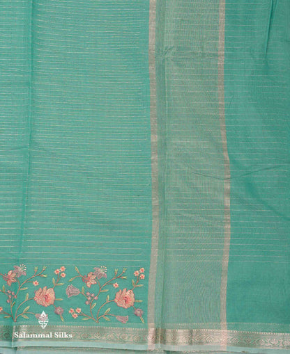 Beautiful Light Pink Zari Lines Cotton Mix Fancy Saree With Embroidery Floral Design & Small Zari Border