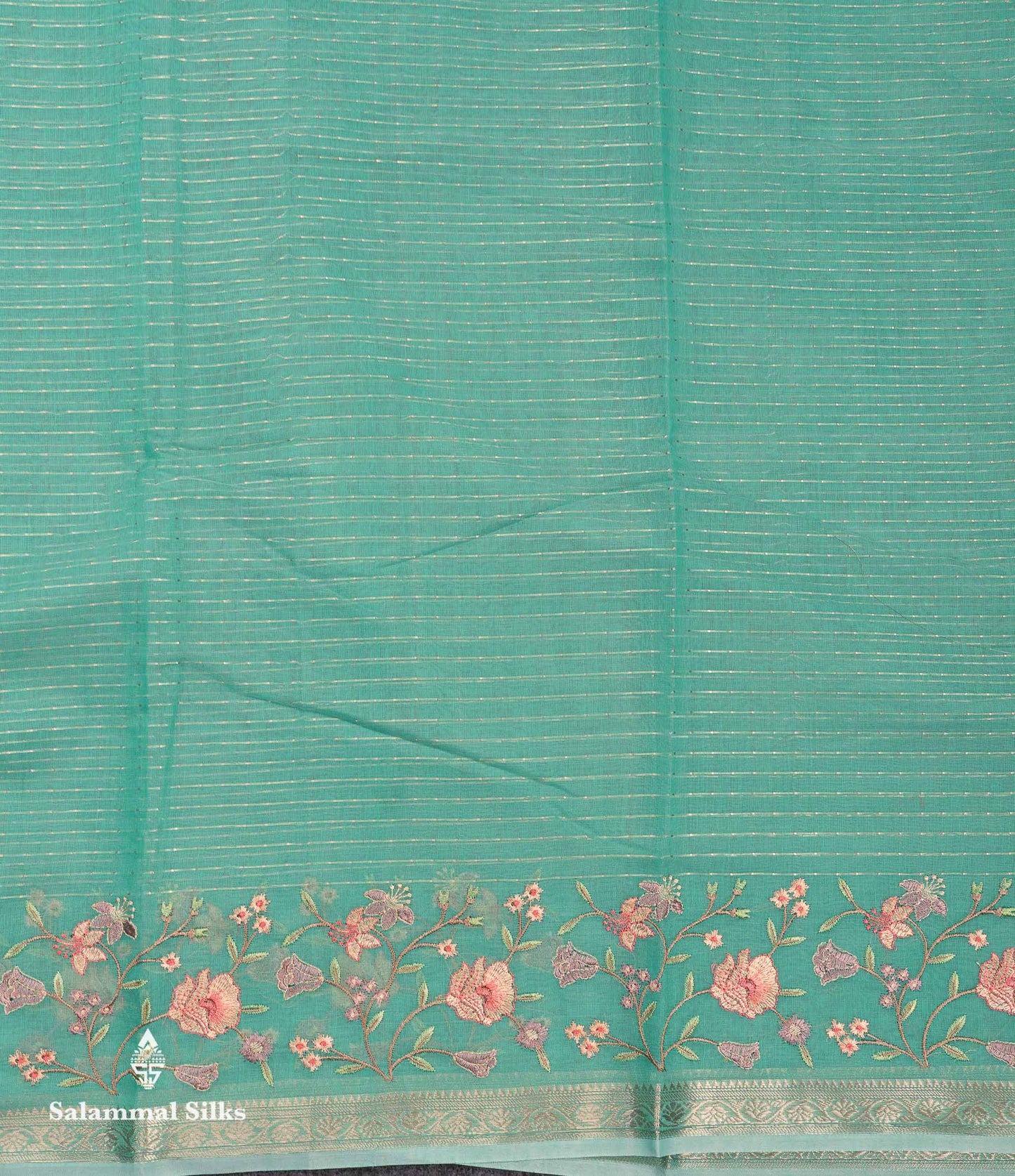 Beautiful Light Pink Zari Lines Cotton Mix Fancy Saree With Embroidery Floral Design & Small Zari Border