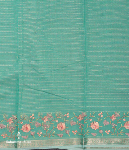 Beautiful Light Pink Zari Lines Cotton Mix Fancy Saree With Embroidery Floral Design & Small Zari Border