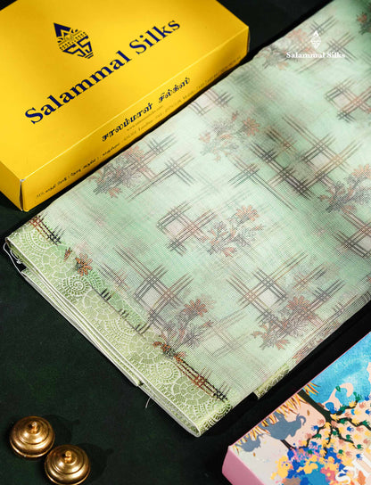 Cotton Mix Saree -  Elaichi Green Fancy Design Along With Small Thread Work Border