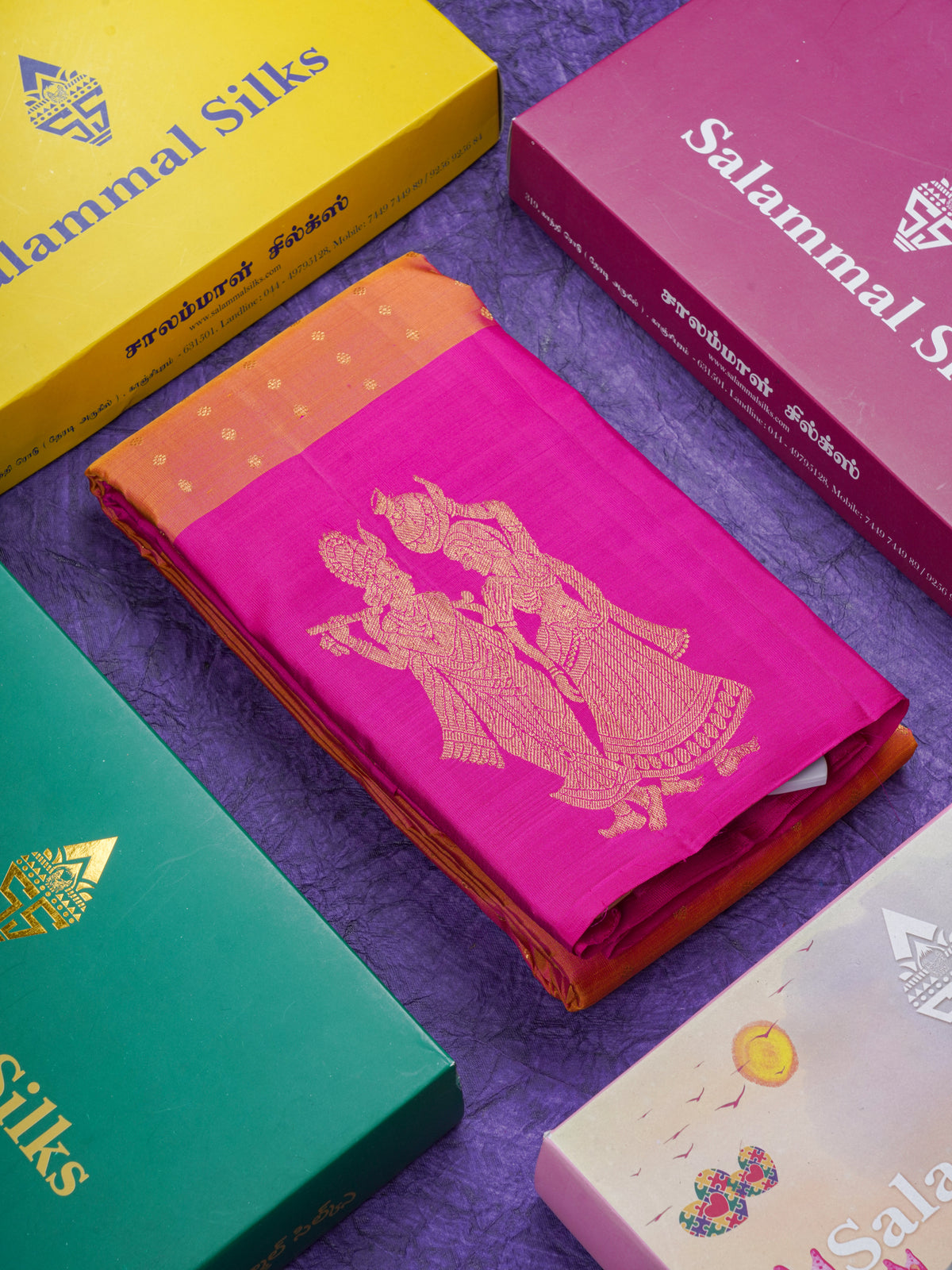 Dual Tone Pinkish Orange Pure Kanjivaram Silk Saree With Contrast Magenta Pink Radha Krishna Fancy Border