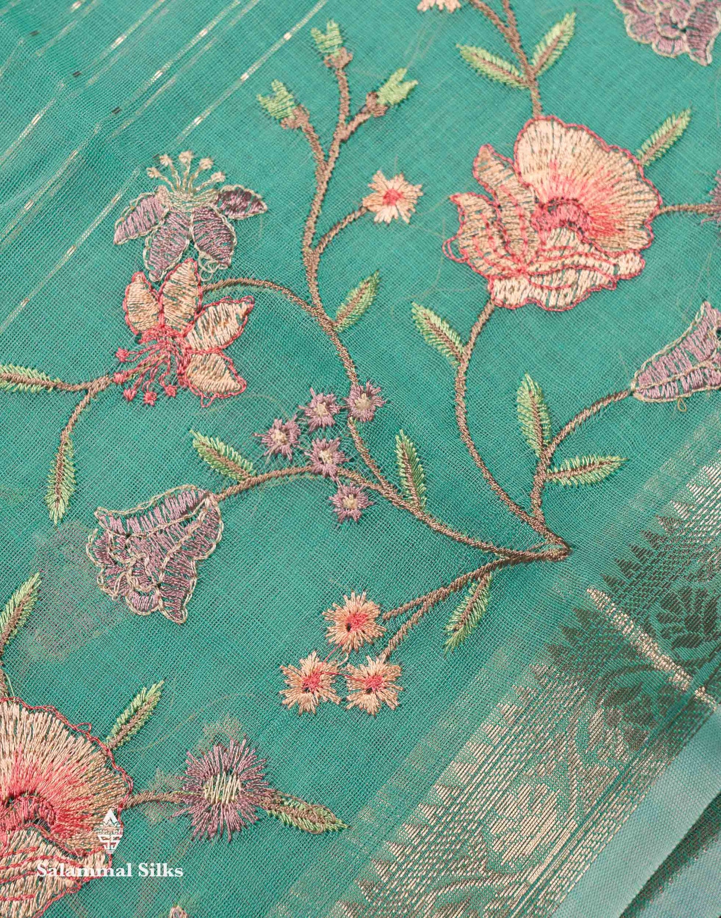 Beautiful Light Pink Zari Lines Cotton Mix Fancy Saree With Embroidery Floral Design & Small Zari Border