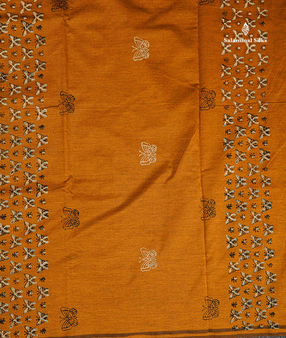 South Cotton Saree - Mustard Yellow Printed Saree With Contrast Cream White Blouse