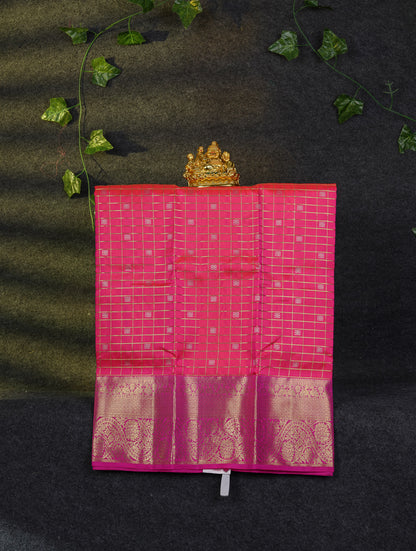 Beautiful Pure Silk Pattu Pavadai Checks With Butta (Dark Magenta) With Contrast Magenta Pink Blouse 27"