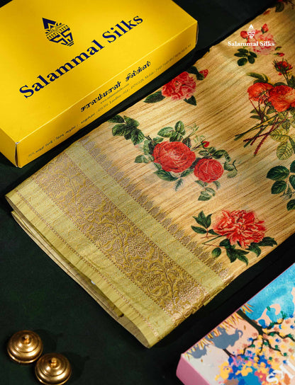 Semi Tussar Saree -  Mehandi Green Floral Design With Fancy Border