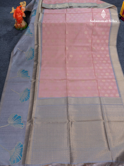 Peach Semi Tussar Fancy Saree With Contrast Light Grey Fancy Border