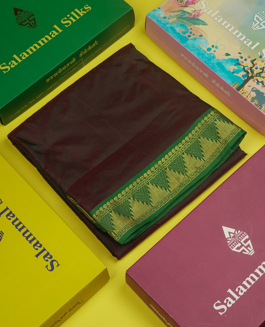 10 Yards Art Silk Saree Dark Brown with Contrast Green Temple Border
