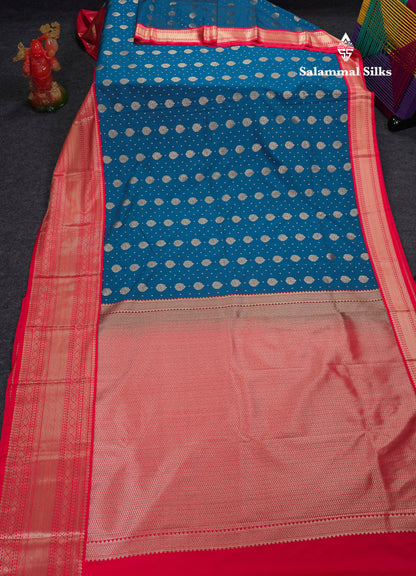 Beautiful Ramar Blue Semi Silk Saree With Contrast Chilly Red Traditional Evening Morning Border
