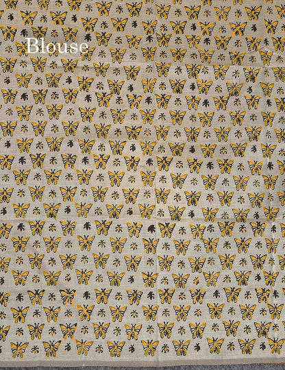 South Cotton Saree - Mustard Yellow Printed Saree With Contrast Cream White Blouse
