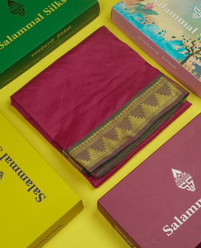 10 Yards Art Silk Saree Dark Brown with Contrast Green Temple Border