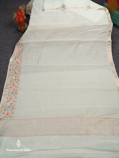 Beautiful Light Pink Zari Lines Cotton Mix Fancy Saree With Embroidery Floral Design & Small Zari Border