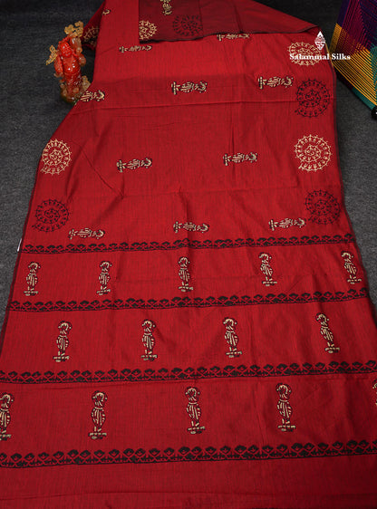 South Cotton Saree - Reddish Maroon Printed Saree With Contrast Cream Blouse