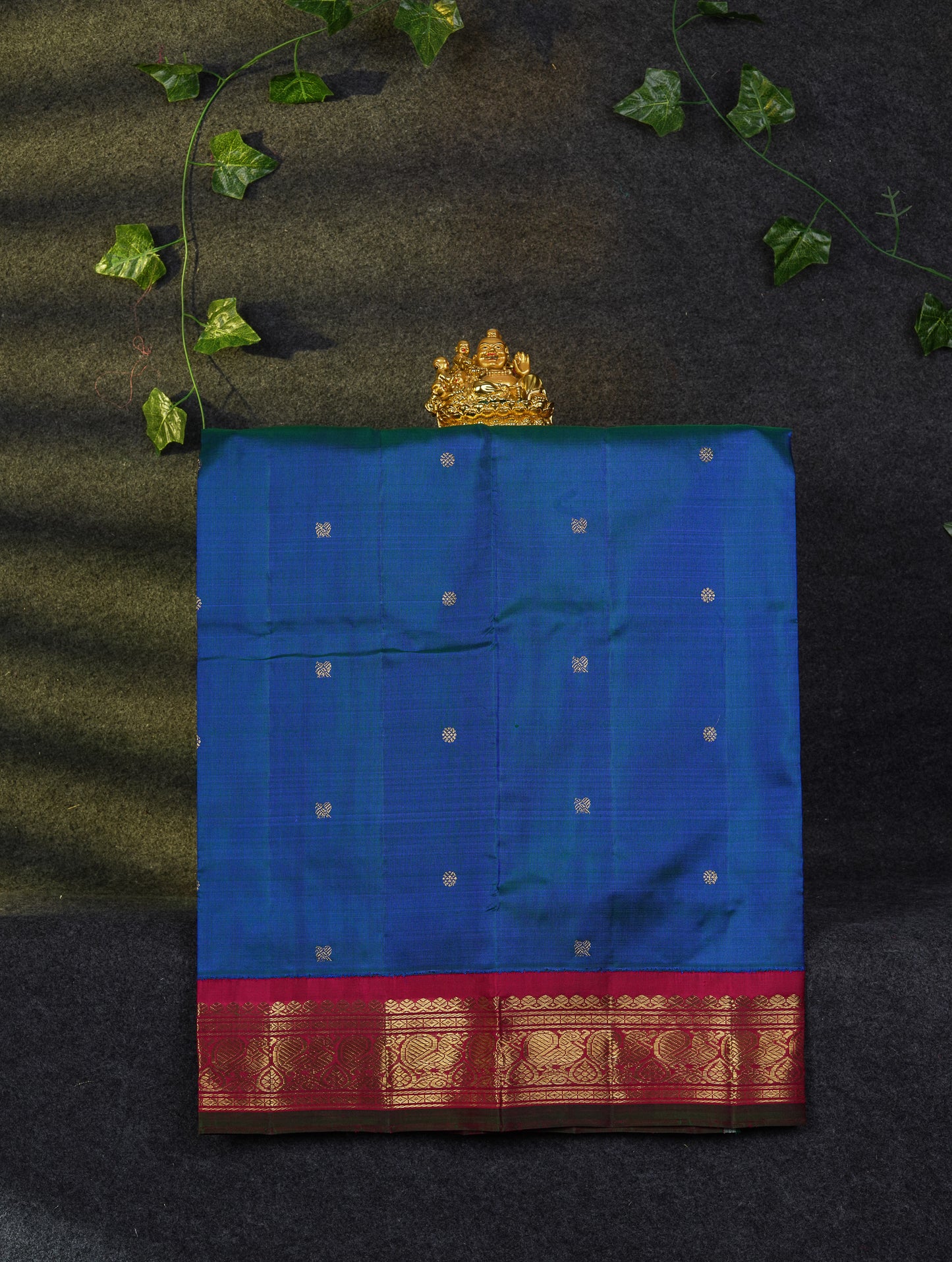 Korvai Beautiful Pure Silk Pattu Pavadai (Dual Tone Peacock Blue) With Contrast Maroon Traditional Border 27"