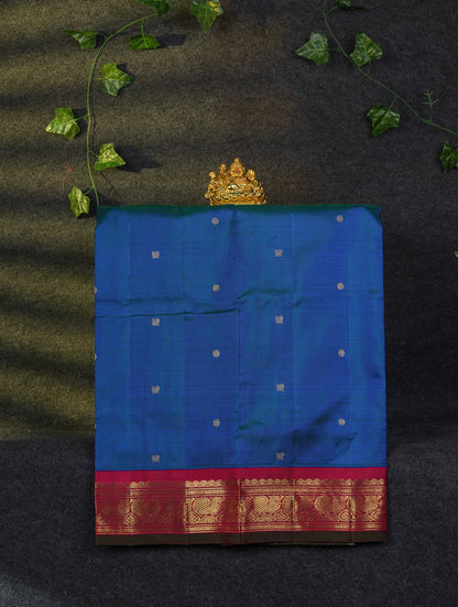 Korvai Beautiful Pure Silk Pattu Pavadai (Dual Tone Peacock Blue) With Contrast Maroon Traditional Border 27"