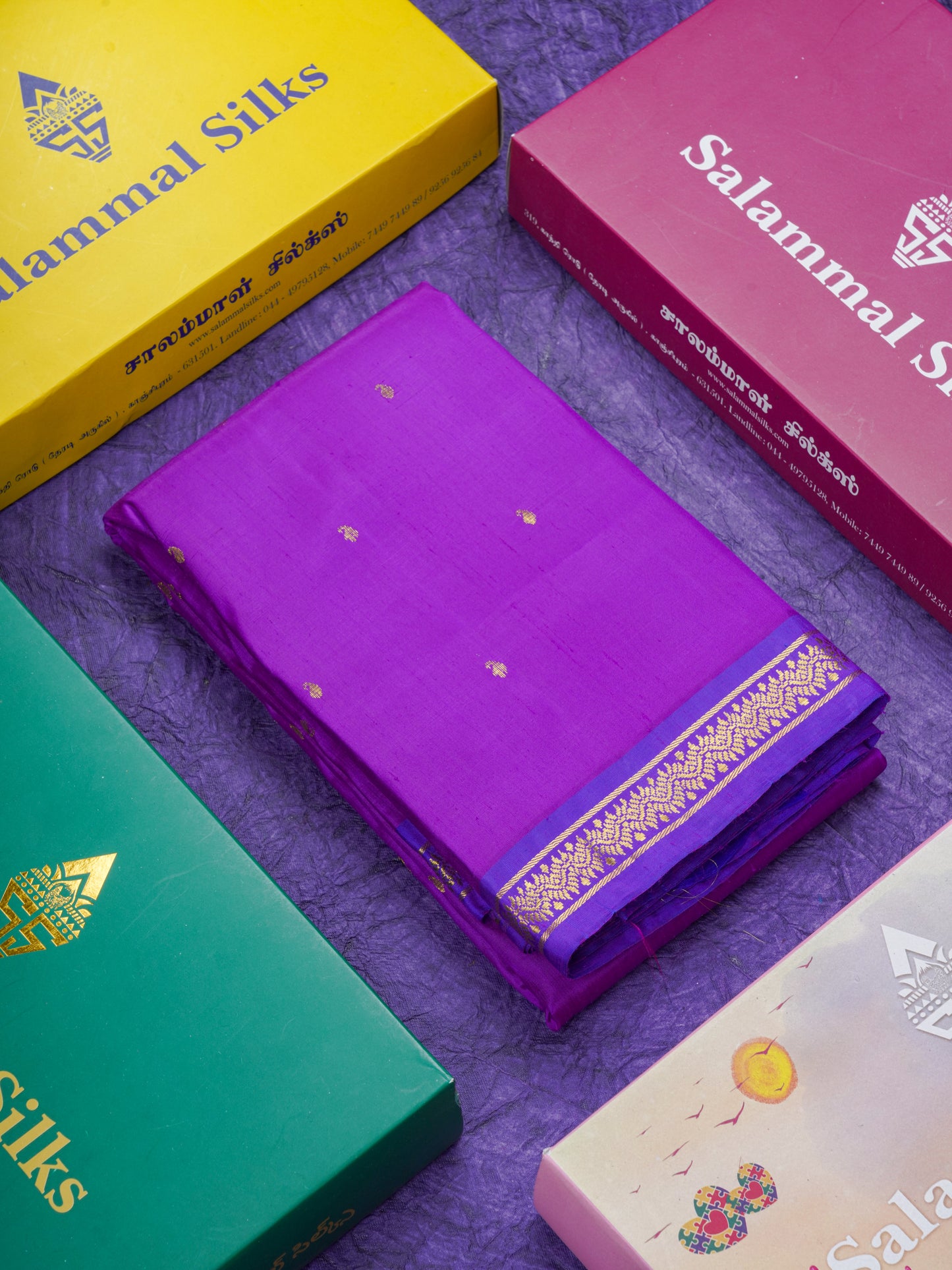 Purple Pure Kanjivaram Silk Saree With Contrast Violet Small Border