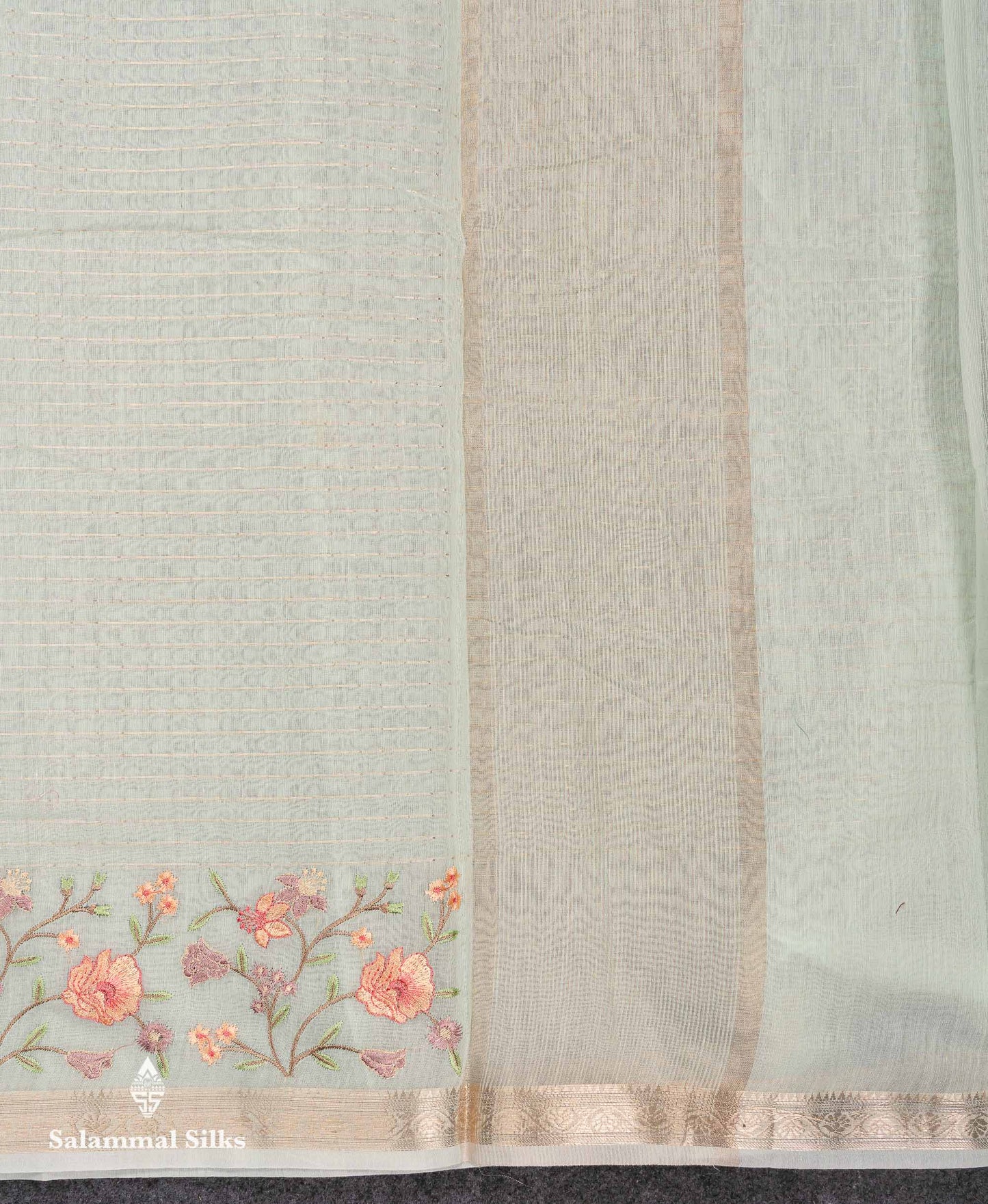 Beautiful Light Pink Zari Lines Cotton Mix Fancy Saree With Embroidery Floral Design & Small Zari Border