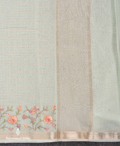 Beautiful Light Pink Zari Lines Cotton Mix Fancy Saree With Embroidery Floral Design & Small Zari Border