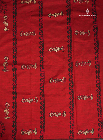 South Cotton Saree - Reddish Maroon Printed Saree With Contrast Cream Blouse