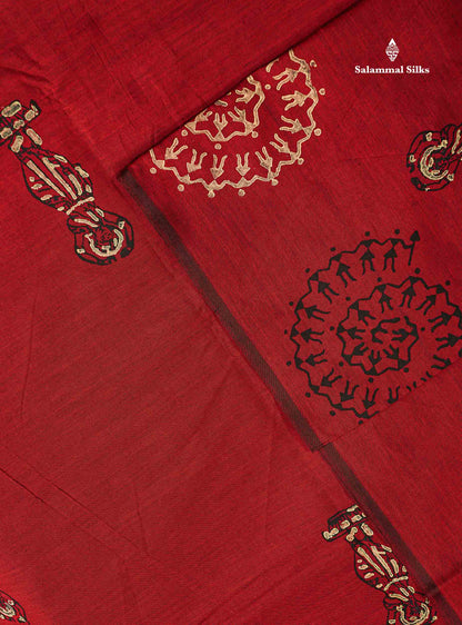 South Cotton Saree - Reddish Maroon Printed Saree With Contrast Cream Blouse