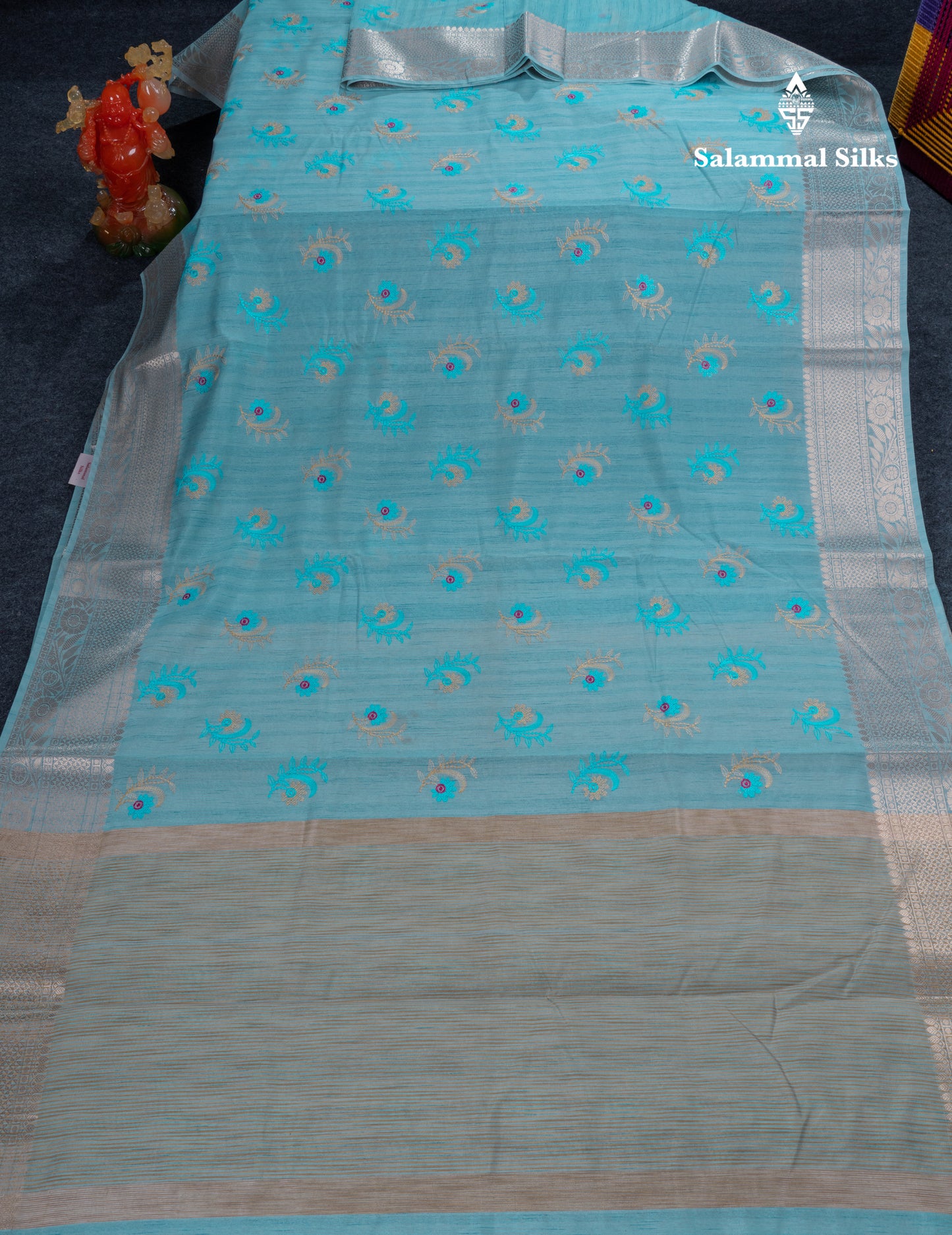 Sky Blue Cotton Mix Fancy Saree With Contrast Sandal Blouse