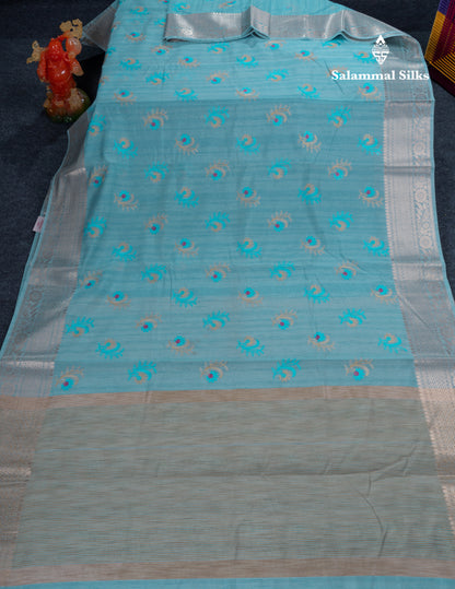 Sky Blue Cotton Mix Fancy Saree With Contrast Sandal Blouse