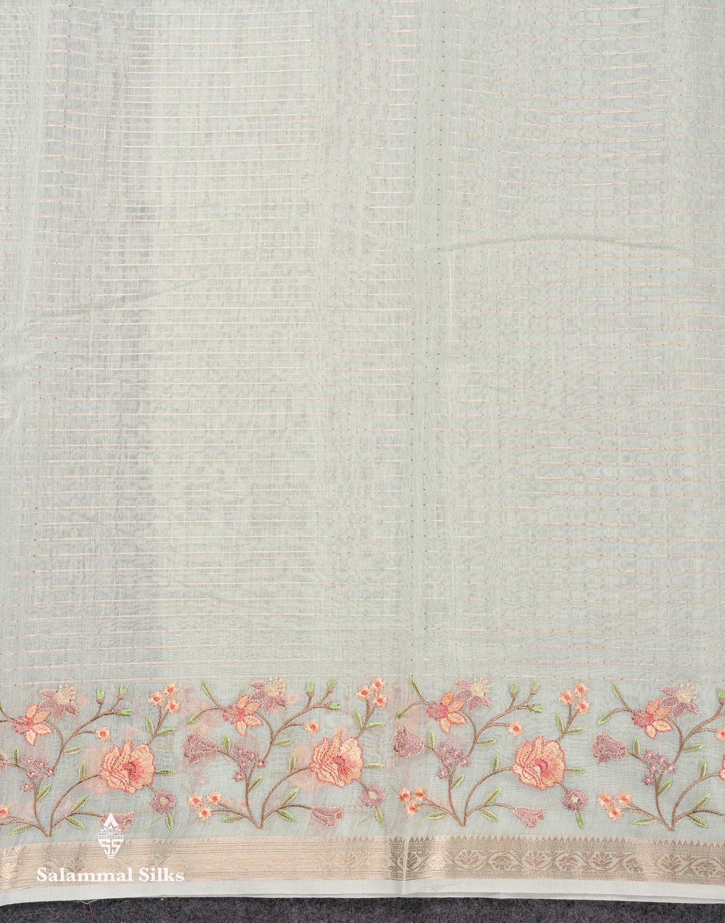 Beautiful Light Pink Zari Lines Cotton Mix Fancy Saree With Embroidery Floral Design & Small Zari Border