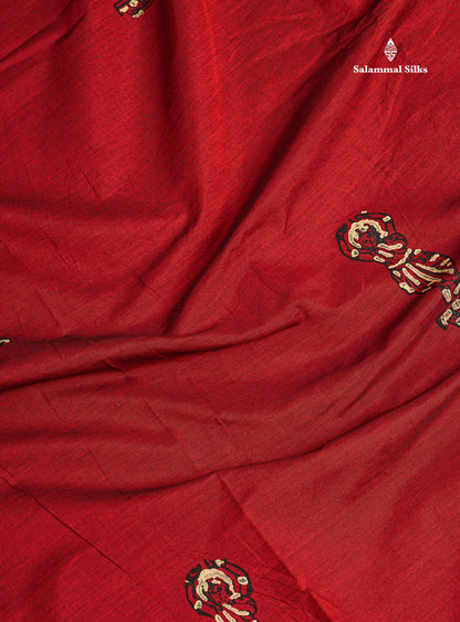 South Cotton Saree - Reddish Maroon Printed Saree With Contrast Cream Blouse