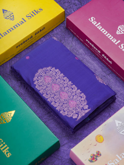 Beautiful Violet Fancy Pure Kanjivaram Silk Saree With Contrast Sea Green Blouse