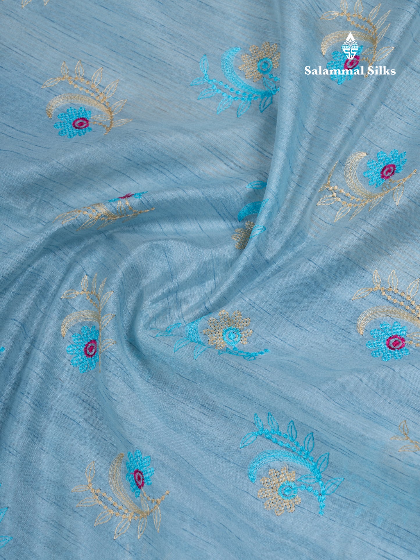 Sky Blue Cotton Mix Fancy Saree With Contrast Sandal Blouse