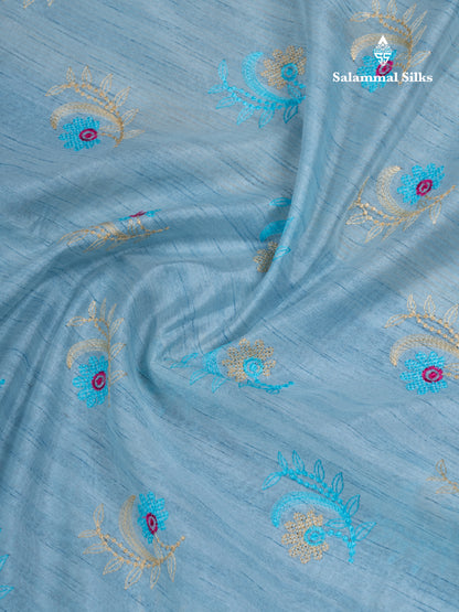 Sky Blue Cotton Mix Fancy Saree With Contrast Sandal Blouse