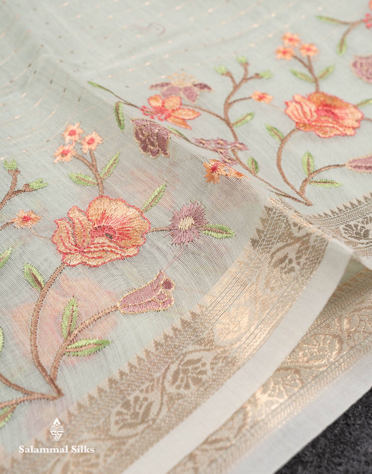 Beautiful Light Pink Zari Lines Cotton Mix Fancy Saree With Embroidery Floral Design & Small Zari Border